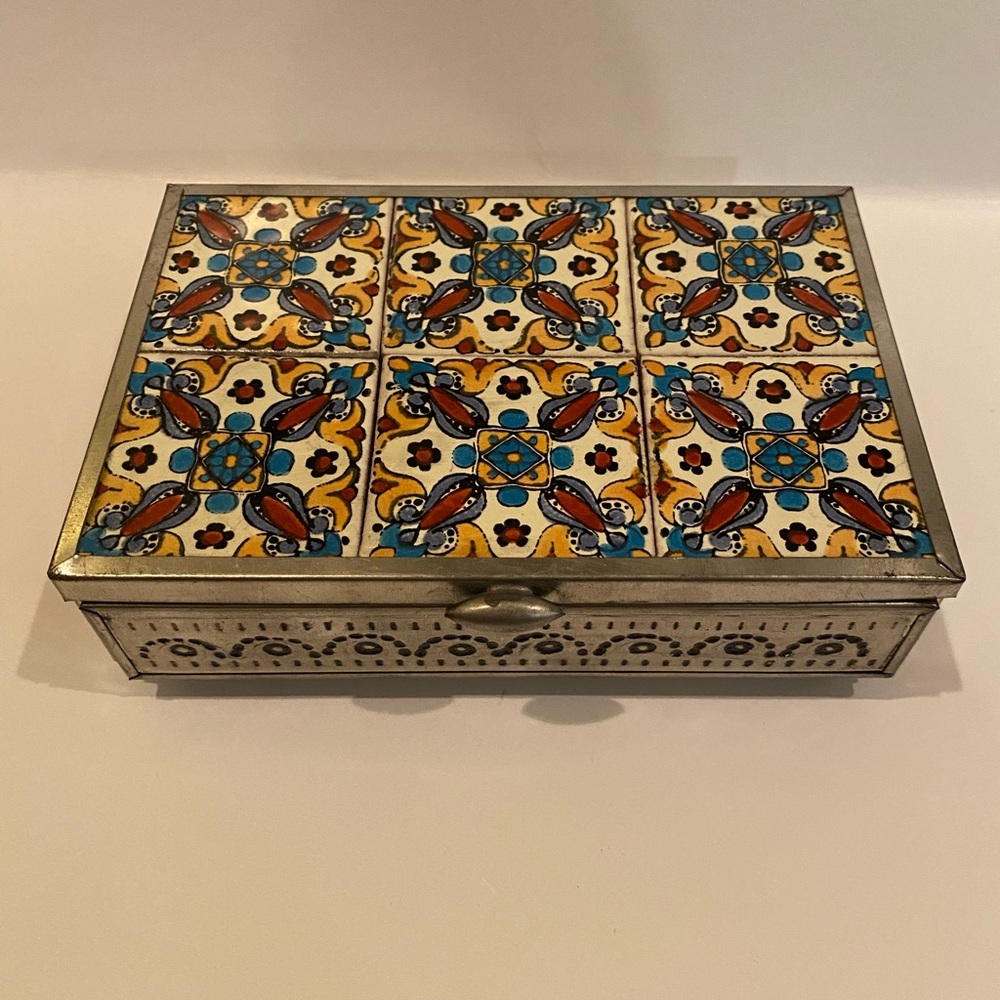 Tin and tile box with mirror made in Mexico.